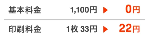 基本料金　1,100円 → 0円印刷料金　1枚33円 → 22円